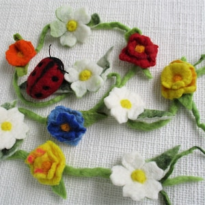 Felt flower garland with ladybug hand-felted colorful felt flowers