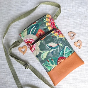 Borsa a tracolla, borsa per cellulare, piccola borsa a tracolla, finiture in similpelle, fiori colorati verdi