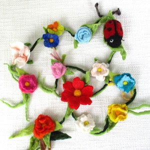 Felt flower garland hand-felted with ladybug colorful felt flowers