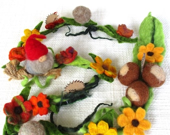 Felt flower garland with sunflowers, chestnuts, porcini mushrooms, hedgehog, dwarf, autumnal