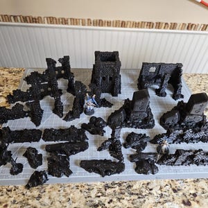 3D Printed Fantasy Tabletop Game Ruined Buildings & Tree Full Table Pack
