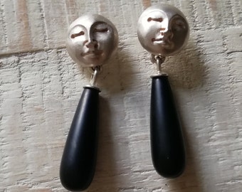 Silber Onyx Ohrstecker mit Mond und Edelsteintropfen