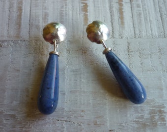 Long Blue Dumortierite Gemstone Drops Earrings with Silver Flower