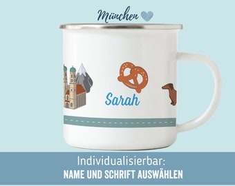 MÜNCHEN - Emaille TASSE, Trinkbecher Kids- PERSONALISIERT mit Namen - Design Kindergeschirr - rundum bedruckt in Deutschland