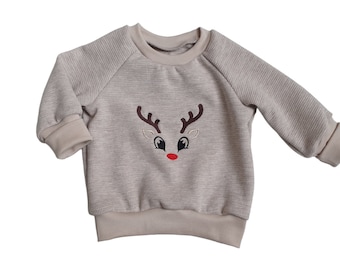 Sweater waffle knit beige mottled with reindeer stick