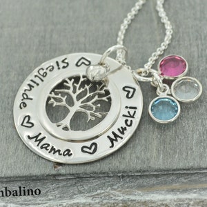 Family necklace with tree of life and birthstones, hand-embossed engraving as desired, tree of life