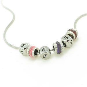 Initials jewelry monogram necklace made of small stainless steel cube pendants and birthstone rondelle, family necklace handmade
