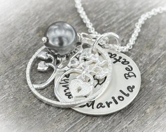 925 Silber Kette Anhänger Lebensbaum mit Gravur, personalisierte Familienkette Namenskette