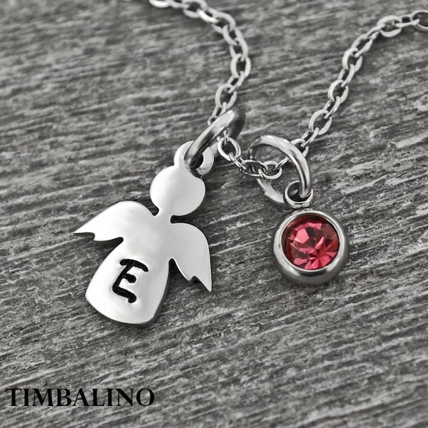 Timbalino personalisierte Halskette Schutzengelkette mit Monogramm und Geburtsstein aus Edelstahl