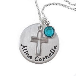 Collier en argent personnalisé avec pierre de naissance et pendentif croix, bijoux de baptême, communion, confirmation