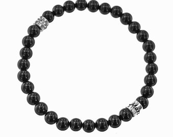 Personalisierbares und handgefertigtes Perlenarmband, schwarz Natursteinperlen mit Silber Bead und Geburtsstein Rondel