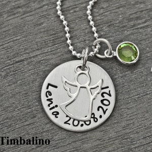 Timbalino handmade silver guardian angel necklace with engraving and birthstone christening necklace christening jewellery