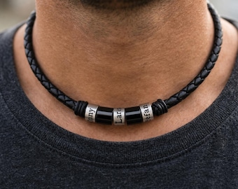 Personalisierte Herren Lederkette mit Gravur 6mm Geflochten - Kette mit Namen für Männer - Geschenk für Ihn Vatertag Jahrestag - Echtleder