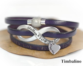 Bracelet familial Timbalino fait main avec gravure souhaitée, bracelet wrap avec pendentif infini en acier inoxydable