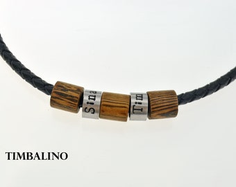 Personalized handmade men's chain, stainless steel beads with engraving and wooden pendant, black leather chain