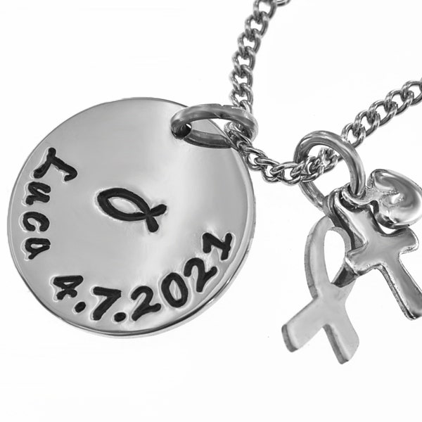 Namenskette Ichthys Kreuz Herz personalisiere Taufkette Taufschmuck mit Gravur