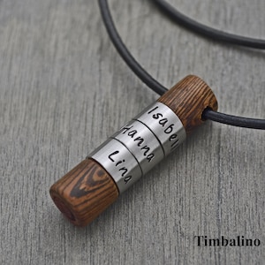 Personalized handmade men's necklace, stainless steel beads with engraving and wooden pendant, men's necklace with name