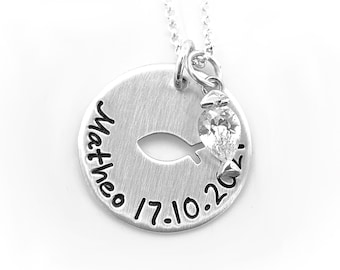 Namenskette Ichthys Taufkette Taufschmuck mit Gravur aus Sterling Silber, Christenfisch aus Kristall personalisierbar