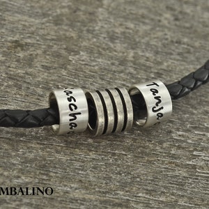 Personalized men's chain made of leather with 925 silver beads and stainless steel beads, men's chain with engraving