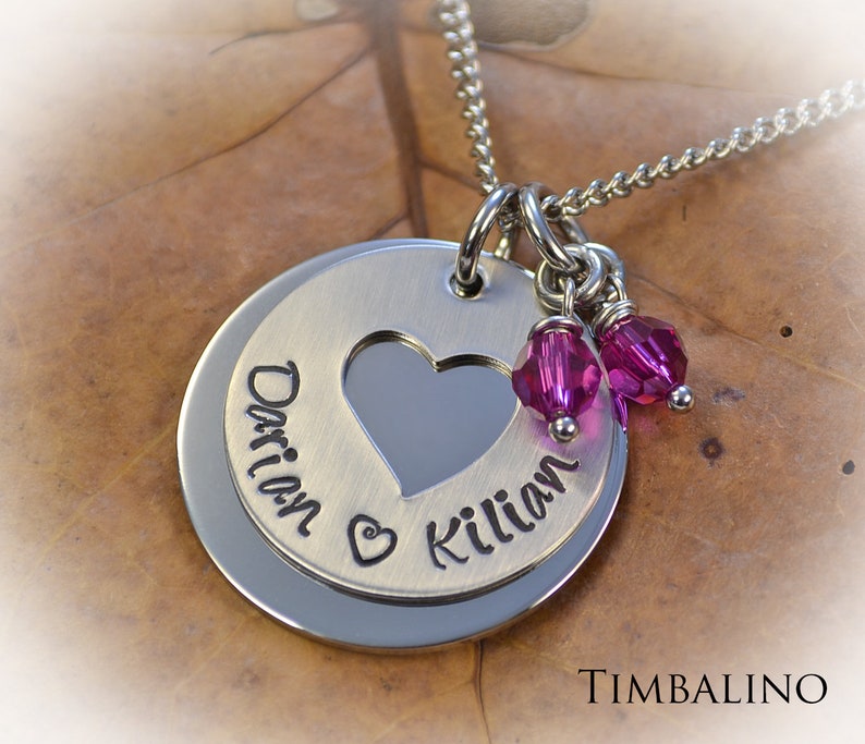 Timbalino name necklace made of stainless steel handcrafted with engraving, month stone necklace image 3