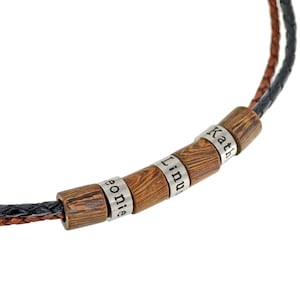 Personalized necklace for men leather chain stainless steel beads with engraving and wooden pendant, personalized gift