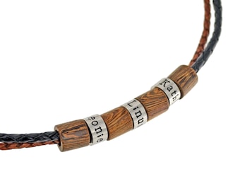 Personalisierte Halskette für Männer Lederkette  Edelstahlbeads mit Gravur und Holzanhänger, personalisiertes Geschenk