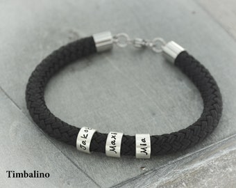 Herren  Armband mit Gravur und kleinen personalisierten Beads aus Silber, Seil Armband mit Namen handgefertigt