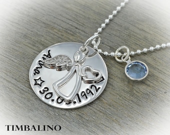 Namenskette  aus Silber für Mädchen, personalisierte Taufkette Schutzengelkette mit Gravur und Geburtsstein
