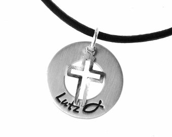 Name necklace with cross made of 925 silver and leather chain, communion, confirmation