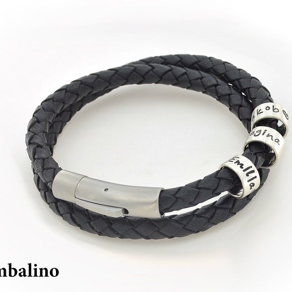 Personalisiertes und handgefertigtes Timbalino Herren Leder Armband mit Silber Beads und Gravur