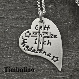 925 Silver Necklace Heart Pendant with Engraving, God Protect You, Customizable and Cross Pendant