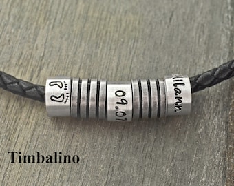 Personalisierte Herrenkette aus Leder mit 925 Silber Beads und Edelstahl Beads, Herrenkette mit Gravur