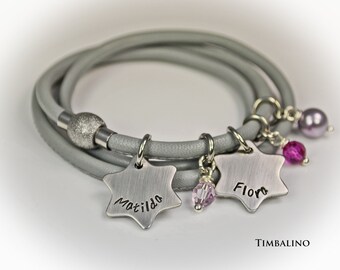 Timbalino women bracelet in nappa leather with personalized stainless steel star pendants and monthly stones