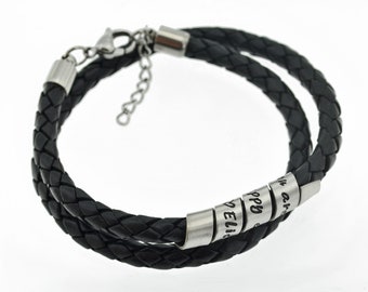 Bracelet cuir homme personnalisé avec pendentif argent et gravure au choix, bracelet famille homme