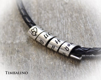 Personalized men's necklace made of 925 silver and leather with engraving of your choice and leather chain