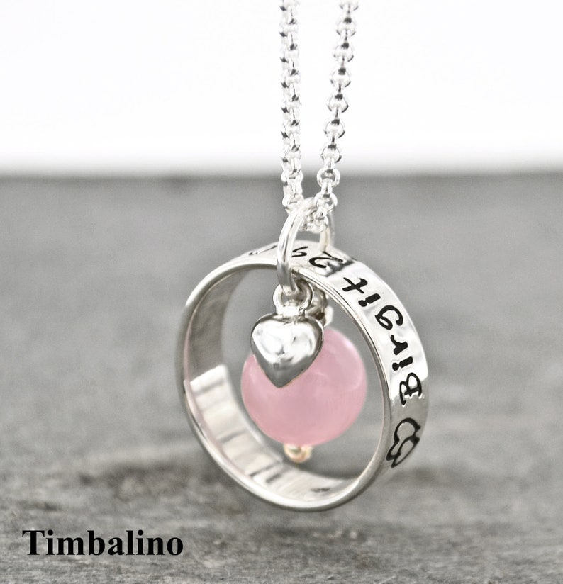 Timbalino handgefertigte Silber Kette mit Gravur, und Rosenquarz Perle Bild 1