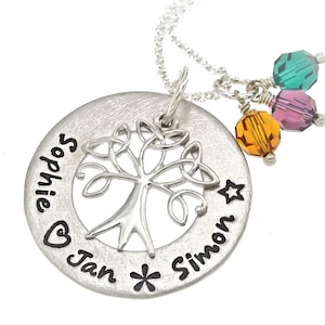 Levensboom, zilveren ketting met gravure en geboortestenen, geboortekristal, levensboom