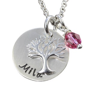 Timbalino personalized baptism tree necklace made of silver with engraving and month stone, birthstone necklace