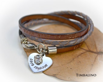 Bracelet familial fait main, bracelet en cuir avec pendentif coeur en acier inoxydable et gravure individuelle