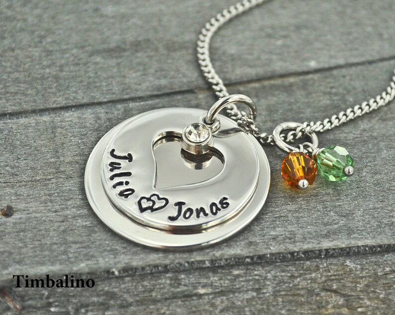 Timbalino name necklace made of stainless steel handcrafted with engraving, month stone necklace image 2