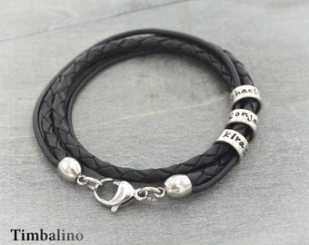 Lederarmband mit kleinen Silber Ring Anhängern und Gravur, handgefertigt, personalisierbar