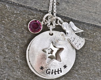 Personalisierte Halskette Silber Medaillon mit Geburtsstein und Schutzengel