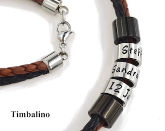 Timbalino men's chain with engraving, leather chain and stainless steel, for him, personalized name chain, family chain made by hand