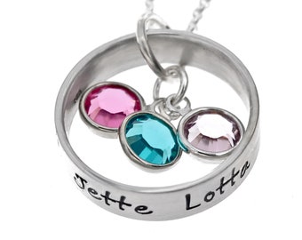 Familieketting met gravure, handgemaakte geboortesteenketting van 925 zilver, gepersonaliseerde maandsteenketting