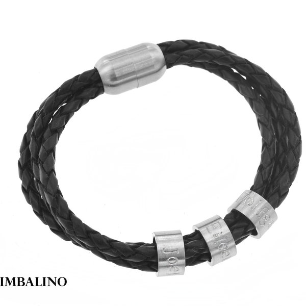 Lederarmband für Herren und Damen Gravur mit personalisierten Beads aus Edelstahl,  mit Magnetverschluss und Wunschgravur handgefertigt