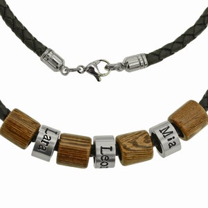 Personalized handmade men's chain, stainless steel beads with engraving and wooden pendant, black leather chain