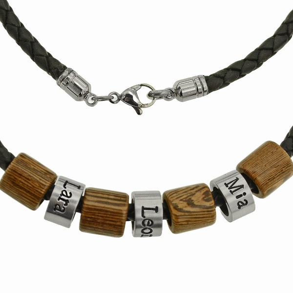 Personalisierte Handmade Männerkette, Edelstahlbeads mit Gravur und Holzanhänger, schwarze Lederkette