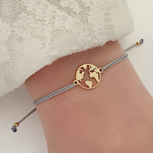 Weltkarte Textilarmband 925 Silber vergoldet | Armband Welt Globus Weltkugel Muttertag Geschenk für die beste Freundin