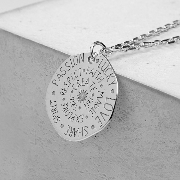 SCHOSCHON SONNE Inspiration Motivation Plättchen Anhängerkette 925 Silber | Schmuck Motivationskette Charm