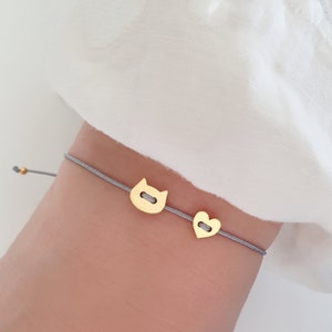 Meow Cat Heart Bracelet, 925 Sterling Silver, Gold Plated - Kitten, Tomcat, Pet Symbol as a Minimalist Bracelet, Women's Schoschoon